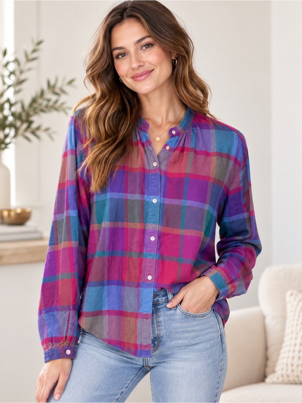 L.L. Bean Signature Plaid Banded Collar Button Down Shirt - Size Small